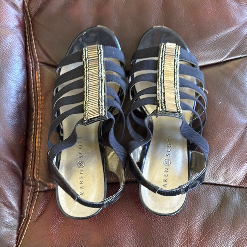 Karen Scott Black Strappy Sandals with Gold Accents